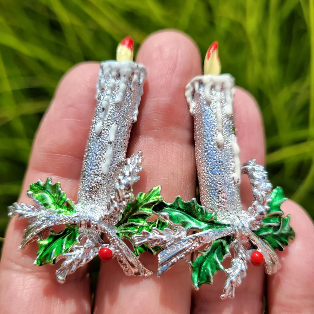 Vintage Gerry's Candlestick Brooch Duo ~ Silvertone ~ Pretty Christmas Pins